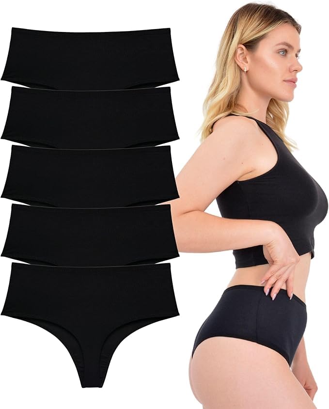 LadyMelex Kadın Yüksek Bel Tanga (S-M-L-XL) Çoklu Paket Siyah 5'li Paket Pamuklu Nefes Alabilen İç Giyim