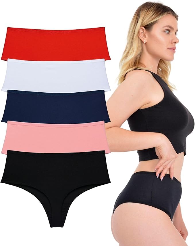 LadyMelex String taille haute pour femme (SML-XL), lot de 5 sous-vêtements respirants en coton noir, blanc, bleu marine, rouge, saumon
