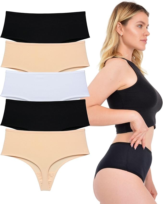 LadyMelex Women's High Waist Thong (S-M-L-XL) Multipack Black, White, Beige Pack of 5 Cotton Knickers Breathable Underwear