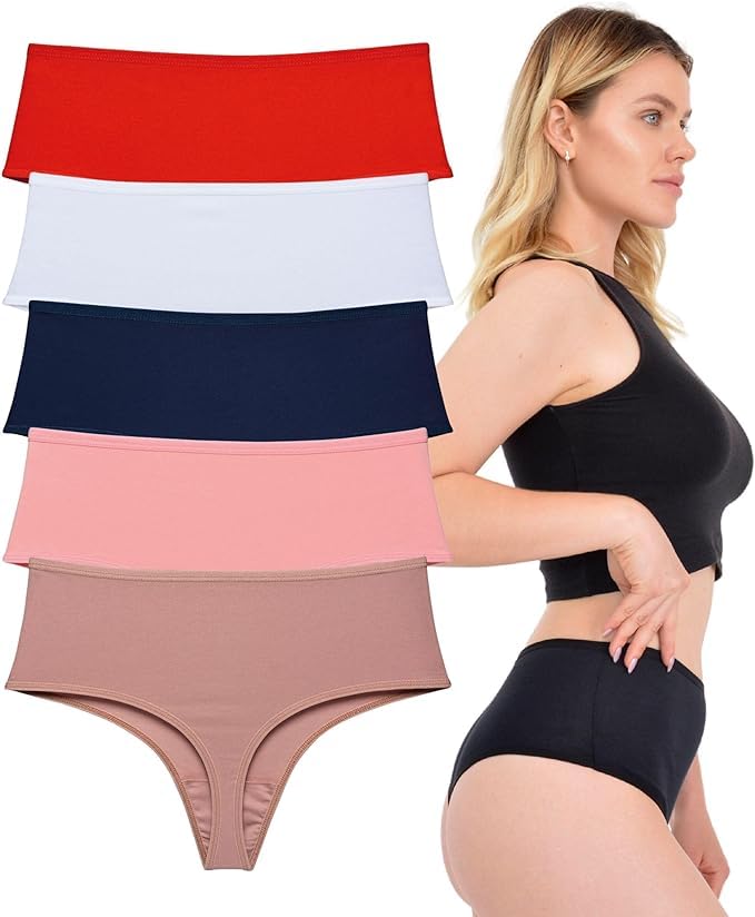 LadyMelex Women's High Waist Thong (S-M-L-XL) Multipack Mink, White, Navy, Red, Salmon Pack of 5 Cotton Breathable Underwear